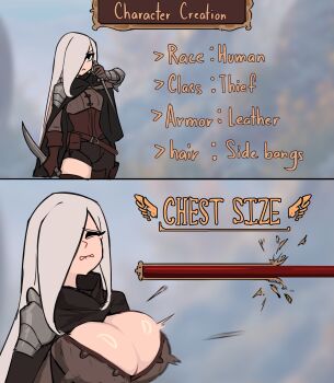 1girl :&lt; absurdres armor asymmetrical_legwear attribute_slider breast_expansion breast_slider breasts cape centurii-chan character_creation cleavage commentary crying dagger dual_wielding english_commentary english_text gameplay_mechanics gloves grey_hair hair_over_one_eye highres holding holding_dagger holding_knife holding_weapon huge_breasts knife leather leather_gloves long_hair menu motion_blur original pain pauldrons shoulder_armor single_pauldron small_breasts solo thighhighs weapon zettai_ryouiki