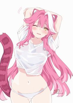 1girl absurdres alternate_costume animal_ears arms_behind_head arms_up blush breasts center-flap_bangs commentary cowboy_shot double-parted_bangs fangs gluteal_fold highres hololive hololive_english kamiya_maneki large_breasts long_hair multicolored_hair navel no_pants one_eye_closed open_mouth panther_ears panther_girl panther_tail panties pink_hair raora_panthera shirt sidelocks simple_background skin_fangs solo stomach streaked_hair stretching t-shirt tail underwear virtual_youtuber white_background white_hair white_panties white_shirt yellow_eyes