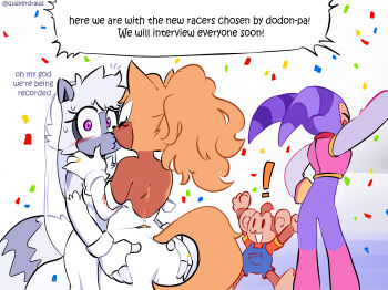 1boy 1other 2girls aiai_(super_monkey_ball) animal_ears ass back bare_back blush confetti couple dark-skinned_female dark_skin dress fingerless_gloves furry furry_female gloves grabbing_another&#039;s_ass groping kiss lemur lemur_tail long_hair looking_at_viewer monkey multiple_girls nights_(character) nights_into_dreams ponytail purple_eyes quaverdraws short_hair sonic_(series) sonic_racing:_crossworlds sonic_the_hedgehog_(idw) super_monkey_ball tail tangle_the_lemur veil wedding_dress whisper_the_wolf white_dress wolf wolf_ears wolf_tail yuri