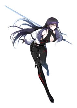 1girl armpits bare_shoulders black_hair boots breasts cleavage closers collarbone full_body halterneck highres jacket leaning_forward leg_belt long_hair pants pointy_ears sleeveless sword triss_(closers) weapon white_jacket