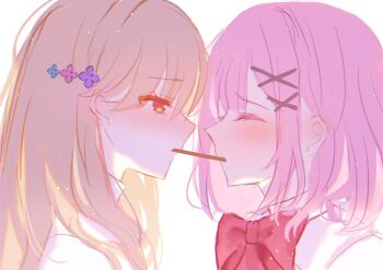 2girls amaori_renako bow bowtie brown_eyes brown_hair closed_eyes collared_shirt commentary food highres light_particles long_hair medium_hair multiple_girls pink_hair pocky pocky_day pocky_kiss red_bow red_bowtie rikako0229 school_uniform sena_ajisai shared_food shirt watashi_ga_koibito_ni_nareru_wake_naijan_murimuri! white_shirt yuri