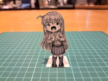 Rule 34 | 1girl, bocchi the rock!, commentary, cube hair ornament, english commentary, frown, gotoh hitori, hair ornament, highres, index finger raised, jacket, jqhnharqld, kneehighs, loafers, long hair, medium skirt, monochrome, one side up, open mouth, paper child, papercraft (medium), photo (medium), pleated skirt, raised eyebrows, shoes, skirt, socks, solo, track jacket, unconventional media, wavy mouth