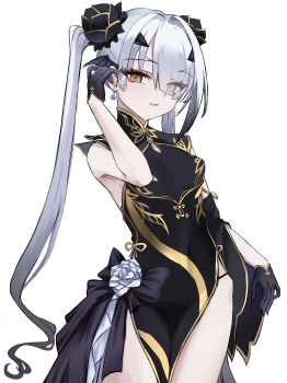 1girl absurdres bare_shoulders black_dress black_gloves breasts china_dress chinese_clothes commentary_request dress earrings fate/grand_order fate_(series) flower forked_eyebrows gloves gold_trim gradient_hair hair_flower hair_ornament half_gloves highres jewelry long_hair looking_at_viewer melusine_(fate) multicolored_hair parted_lips pelvic_curtain sidelocks small_breasts smile solo twintails white_hair yellow_eyes yugusan5