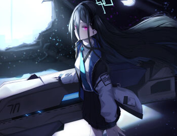 1girl aki_tsune aqua_halo arm_at_side backlighting black_hair black_hairband black_skirt blue_archive blue_necktie clothes_writing collared_shirt commentary cowboy_shot double-parted_bangs dress_shirt english_text floating_hair from_side glowing glowing_eyes gun hair_between_eyes hairband halo highres holding holding_gun holding_weapon hole_in_wall indoors jacket kei_(blue_archive) light_smile long_hair long_hair_between_eyes looking_at_viewer millennium_science_school_logo miniskirt necktie one_side_up open_clothes open_jacket parted_lips pleated_skirt railgun rectangular_halo red_eyes school_uniform shirt skirt solo straight_hair very_long_hair weapon white_jacket white_shirt