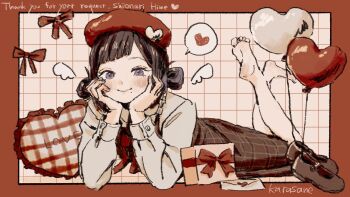 1girl artist_name balloon barefoot beret black_hair border bow box commentary commission diagonal_bangs double_bun dress english_text full_body gift gingham grey_eyes grey_nails hair_bun hat head_on_hands heart heart_balloon highres karasane03 letter long_sleeves looking_at_viewer love_letter lying mary_janes mole mole_under_mouth nail_polish on_stomach original plaid_clothes plaid_dress red_border shoes short_hair skeb_commission soles solo spoken_heart the_pose white_wings wings