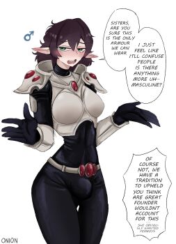 1boy armor artist_name belt black_hair bodysuit bracer breastplate bulge eldar english_text gem gloves green_eyes highres light_blush long_hair looking_at_viewer mars_symbol odd_onion pointy_ears simple_background skin_tight speech_bubble trap warhammer_40k white_background wide_hips
