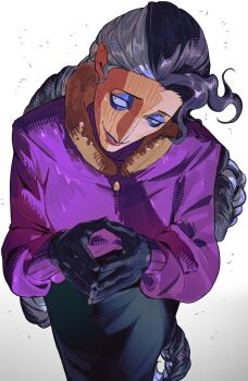 1girl black_gloves black_hair black_skirt blue_eyeshadow eyeshadow from_above gloves grey_hair head_tilt highres identity_v jacket jewelry looking_to_the_side makeup multicolored_hair old old_woman own_hands_together pendant pink_lips pointy_nose purple_jacket shu0718 skirt solo two-tone_hair valentina_yaga_vasilieva