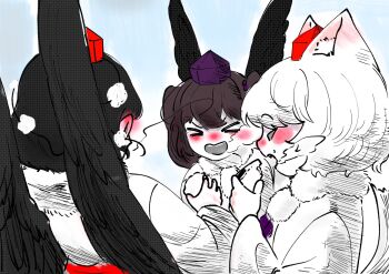 Rule 34 | > <, 3girls, animal ear fluff, animal ears, black hair, black wings, blush, breath, brown hair, cold, commentary request, day, ear blush, eating, food, full-face blush, hair ribbon, hat, highres, himekaidou hatate, inubashiri momiji, korean commentary, long hair, lovelobten, multiple girls, open mouth, outdoors, pointy ears, pom pom (clothes), purple hat, red hat, ribbon, shameimaru aya, short hair, sky, tail, tokin hat, touhou, twintails, white hair, wings, winter, wolf ears, wolf tail