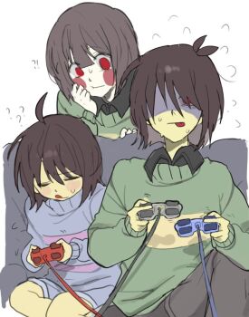 !? 3others ? ?? ahoge animification antenna_hair black_pants black_shirt blue_shorts blue_sweater blush_stickers brown_hair chara_(undertale) closed_eyes closed_mouth collared_shirt colored_skin commentary_request controller couch deltarune empty_eyes flying_sweatdrops frisk_(undertale) game_controller green_sweater hair_between_eyes hand_on_own_face hand_up hands_up holding holding_controller holding_game_controller korean_commentary kris_(deltarune) long_sleeves looking_at_another looking_at_viewer multiple_others on_couch other_focus pants playing_games puffy_long_sleeves puffy_sleeves red_eyes shirt short_hair shorts simple_background single_stripe sitting striped_clothes striped_sweater sweater tongue tongue_out turtleneck turtleneck_sweater undertale utdr_(toby_fox) white_background yellow_skin yx_won2