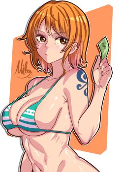 1girl banknote bikini blue_tattoo breasts brown_eyes closed_mouth collarbone green_bikini highres holding holding_money large_breasts linea_alba mifenami money nami_(one_piece) nami_(one_piece)_(return_to_sabaody) navel official_alternate_costume one_piece orange_hair shiny_skin short_hair shoulder_tattoo solo strap_gap striped_bikini striped_clothes swimsuit tattoo upper_body