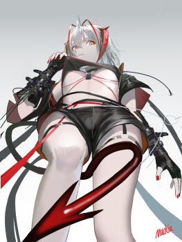 1girl absurdres antenna_hair arknights artist_name black_gloves black_shorts black_shrug black_tube_top breasts clothes_pull commentary covered_erect_nipples cowboy_shot cross-shaped_pupils demon_girl demon_horns demon_tail from_below gloves gradient_background grey_background grey_hair highres horns looking_to_the_side mackia medium_breasts midriff open_clothes orange_eyes parted_lips pasties pulling_own_clothes red_horns red_nails red_tail shorts shrug_(clothing) solo strapless symbol-shaped_pupils tail tape tape_on_nipples thigh_strap tube_top underboob w_(arknights) wis&#039;adel_(arknights)