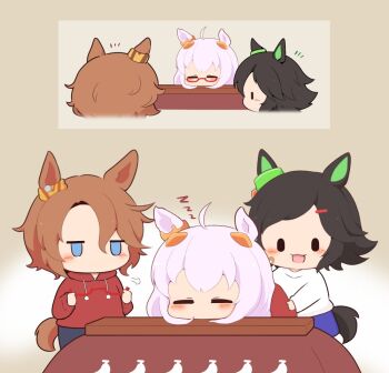 Rule 34 | 3girls, :d, ahoge, animal ears, biwa hayahide (umamusume), black hair, black pants, blue eyes, blue skirt, blush stickers, bnw (umamusume), brown hair, chibi, closed eyes, commentary request, commission, covering with blanket, glasses, gomashio (goma feet), grey hair, hair between eyes, hair ornament, hairclip, hood, hood down, hoodie, horse ears, horse girl, horse tail, jitome, kotatsu, multiple girls, narita taishin (umamusume), notice lines, open mouth, pants, parted bangs, pixiv commission, profile, red-framed eyewear, red hoodie, semi-rimless eyewear, shirt, skirt, sleeping, smile, solid oval eyes, swept bangs, table, tail, umamusume, under-rim eyewear, white shirt, winning ticket (umamusume), zzz, | |