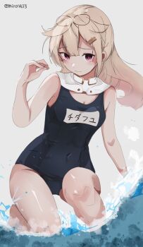 1girl black_one-piece_swimsuit blonde_hair breasts character_name commentary_request grey_background hair_flaps highres kantai_collection long_hair medium_breasts miron_(mirona33) name_tag old_school_swimsuit one-piece_swimsuit red_eyes scarf school_swimsuit solo swimsuit twitter_username water white_scarf yuudachi_(kancolle) yuudachi_kai_ni_(kancolle)
