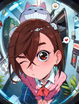 1girl ayase_momo blue_skirt brown_eyes brown_hair cesar_art456 dandadan earrings emoji fisheye grin heart highres jewelry one_eye_closed pink_sweater school_uniform skirt smile sweater turbo_granny_(dandadan)