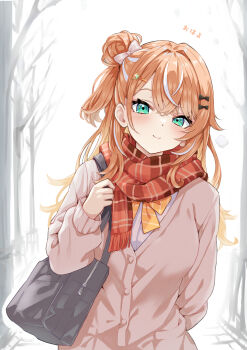Rule 34 | 1girl, absurdres, aqua eyes, bag, bow, bowtie, cagasyo, cardigan, closed mouth, commentary, crossed bangs, hair between eyes, hair bow, hair bun, hair ornament, hairclip, highres, igarashi rika, long hair, long sleeves, looking at viewer, multicolored hair, nijisanji, orange bow, orange bowtie, orange hair, outdoors, plaid clothes, plaid scarf, red scarf, scarf, school bag, shirt, single side bun, smile, solo, star (symbol), star hair ornament, streaked hair, striped bow, striped bowtie, striped clothes, upper body, virtual youtuber, white hair, white shirt