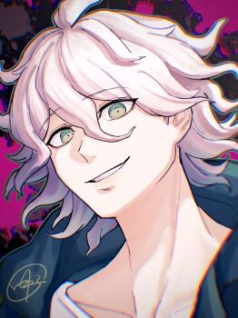 Rule 34 | 1boy, absurdres, chromatic aberration, commentary request, danganronpa (series), danganronpa 2: goodbye despair, green eyes, highres, hood, hood down, komaeda nagito, looking at viewer, male focus, messy hair, portrait, signature, smile, solo, splatter, splatter background, tnkmrcap, white hair