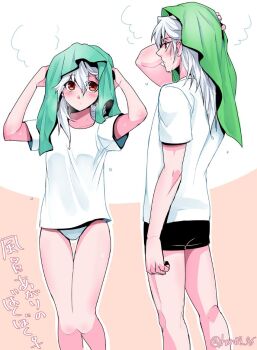 1boy 1girl bakura_ryou bantian96 breasts closed_mouth drying drying_hair drying_own_hair genderswap genderswap_(mtf) grey_hair holding holding_towel long_hair panties shirt towel underwear water_drop wet wet_hair white_hair yami_bakura yu-gi-oh! yu-gi-oh!_duel_monsters