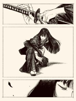 1girl black_hair fighting_stance greyscale highres holding holding_sword holding_weapon long_hair looking_at_viewer monochrome original ready_to_draw sandals sheath solo sword tp_p_pt unsheathing weapon