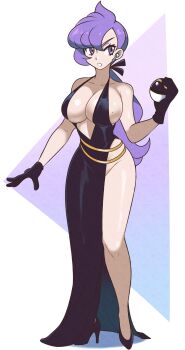1girl absurdres alternate_costume anabel_(pokemon) bare_shoulders black_dress black_gloves breasts cleavage commentary dress earrings english_commentary evening_gown eyelashes full_body gloves highres holding holding_poke_ball jeff_miga jewelry large_breasts nintendo no_panties poke_ball pokemon pokemon_sm ponytail purple_eyes purple_hair simple_background solo white_background