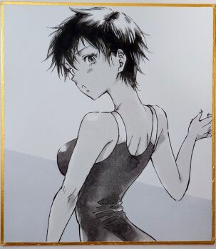 1girl :o arm_at_side breasts commentary_request expressionless from_behind greyscale hand_up looking_at_viewer looking_back makomako1061 monochrome one-piece_swimsuit original parted_lips photo_(medium) shikishi short_hair solo swimsuit traditional_media upper_body very_short_hair