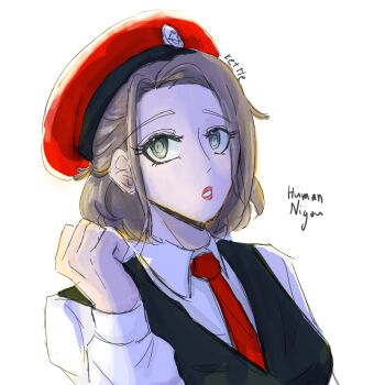 beret black_vest brown_hair english_text eyebrows eyelashes grey_eyes hand_up hat highres humanization lips lipstick long_sleeves makeup necktie nigou_(hundred_line) open_mouth red_lips shirt solo the_hundred_line_-last_defense_academy- upper_body vest white_background white_shirt