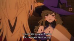1boy 1girl alternate_costume animated anime_screenshot black_gloves blonde_hair breasts brown_eyes brown_hair center_opening cleavage clothing_cutout collarbone corruption cosplay damalynas damalynas_(cosplay) dark_persona detached_sleeves dress fingerless_gloves gloves golden_haired_hero_(lv2_cheat) hair_ornament hand_on_own_hip hat highres large_breasts long_hair looking_at_viewer lv2_kara_cheat_datta_moto_yuusha_kouho_no_mattari_isekai_life magic_circle navel navel_cutout o-ring o-ring_dress official_alternate_costume open_mouth pelvic_curtain possessed possession purple_dress purple_hat purple_thighhighs sideboob smile smoke sound stomach thigh_strap thighhighs thighs toes tsuya_(lv2_cheat) video white_dress white_gloves witch witch_hat