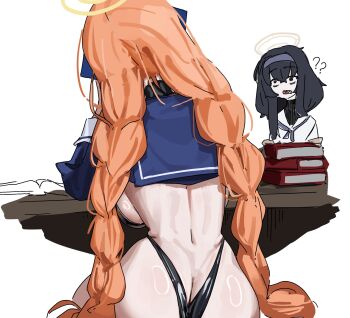 2girls ? ?? ass black_hair black_leotard blue_archive book book_stack breasts brown_halo facing_away from_behind halo highres large_breasts leotard long_hair long_sleeves looking_at_another multiple_girls open_mouth orange_hair shimiko_(blue_archive) shimiko_(magical)_(blue_archive) sideboob simple_background solo_focus table tagua twintails ui_(blue_archive) very_long_hair white_background yellow_halo