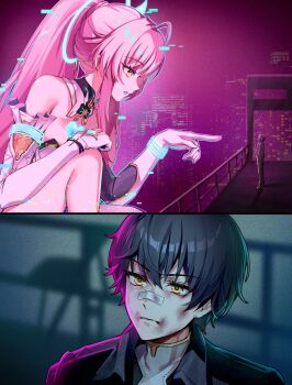 Rule 34 | 1boy, 1girl, aemeath (wuthering waves), ahoge, bare shoulders, black hair, black jacket, blade runner (series), blade runner 2049, breasts, closed mouth, commentary, dirty, dirty face, elbow gloves, english commentary, foxyreine, from side, glitch, gloves, hair between eyes, hand on own knee, highres, jacket, long hair, male rover (wuthering waves), medium breasts, meme, orange eyes, parody, parted lips, pink hair, pointing, pointing at another, ponytail, rover (wuthering waves), standing, star-shaped pupils, star (symbol), symbol-shaped pupils, tacet mark (wuthering waves), white gloves, wuthering waves, yellow eyes, you look lonely (meme)