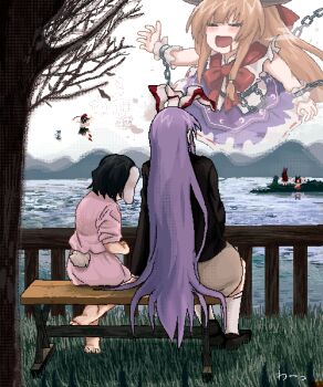6+girls animal_ears arm_support barefoot bench black_coat black_hair black_shoes bow bowtie brown_hair brown_skirt chain cirno closed_eyes coat dithering fence flying foot_up_heel_up from_behind giant giantess grass grass_root_youkai_network hair_spread_out ibuki_suika imaizumi_kagerou inaba_tewi lake leaf long_hair long_sleeves low-tied_sidelocks mountainous_horizon multiple_girls open_mouth outdoors outstretched_arms pink_shirt pink_skirt pixel_art purple_hair purple_skirt rabbit_ears rabbit_girl rabbit_tail red_bow red_bowtie reisen_udongein_inaba ribbon-trimmed_skirt ribbon_trim saliva sekibanki shameimaru_aya shirt shoes short_hair sidelocks sitting skirt sky sleeveless sleeveless_shirt smile socks spread_arms tail torn_clothes torn_sleeves touhou tree very_long_hair wakasagihime white_shirt white_socks wide_shot yukine_0930