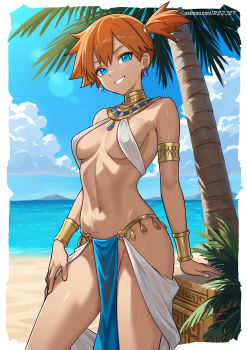 1girl armlet artist_name beach blue_eyes blue_sky bracelet breasts cloud cowboy_shot dancer day earrings gold gold_armlet grin harem_outfit high_side_ponytail highres jewelry looking_at_viewer misty_(pokemon) navel neck_ring nintendo no_panties ocean orange_hair outdoors palm_tree patreon_username pelvic_curtain pokemon pokemon_(anime) redjet sky small_breasts smile stomach thighs tree watermark web_address