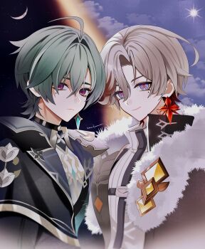 Rule 34 | 2boys, absurdres, armor, coat, collared shirt, earrings, fur-trimmed coat, fur trim, genshin impact, hashtag-only commentary, highres, illuga (genshin impact), jewelry, lohen (genshin impact), male focus, mole, mole under eye, multicolored eyes, multiple boys, naru9, pauldrons, red pupils, scar, scar on neck, shirt, shoulder armor, side cape, silver trim, single earring, single pauldron, turtleneck