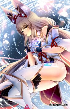 Rule 34 | 1girl, animal ears, artist name, bare shoulders, breasts, cat ears, chest jewel, cleavage, commentary, core crystal (xenoblade), english commentary, fox ears, grey hair, highres, kamaniki, long hair, nia (blade) (xenoblade), nia (xenoblade), small breasts, solo, thighs, water, yellow eyes
