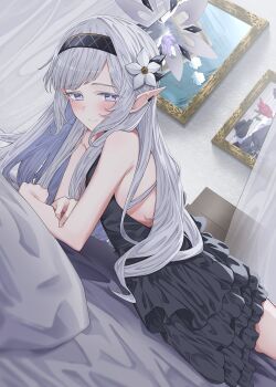 Rule 34 | 1girl, absurdres, bare shoulders, bed, black dress, black hairband, black halo, blue archive, blush, bright pupils, closed mouth, commentary, cowboy shot, dress, earclip, elf, flower, frilled dress, frills, from side, grey hair, grey halo, hair flower, hair ornament, hairband, halo, heimu (heim kstr), highres, himari (blue archive), indoors, long hair, looking at viewer, looking to the side, lying, mole, mole under eye, multicolored halo, on bed, on stomach, painting (object), pointy ears, purple eyes, sleeveless, sleeveless dress, smile, solo, two-tone halo, white pupils