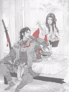 1boy 1girl absurdres aerith_gainsborough alternate_costume alternate_universe armor basket black_hair blue_eyes bracelet braid braided_ponytail breasts commentary crisis_core:_final_fantasy_vii cup elbow_carry english_commentary final_fantasy final_fantasy_vii final_fantasy_vii_remake flower flower_basket green_eyes hair_ribbon hair_slicked_back hakama hand_on_own_knee hand_to_own_mouth helmet highres holding holding_basket holding_flower indoors japanese_armor japanese_clothes jewelry jinbaori kabuto_(helmet) katana kote lily_(flower) limited_palette looking_at_another medium_breasts miko open_mouth pants parted_bangs parted_lips pink_ribbon ribbon sandals scabbard sheath sheathed short_sword sideburns sidelocks sitting smile spot_color spykeee sword table teeth twitter_username upper_teeth_only waraji weapon yellow_flower zack_fair zouri