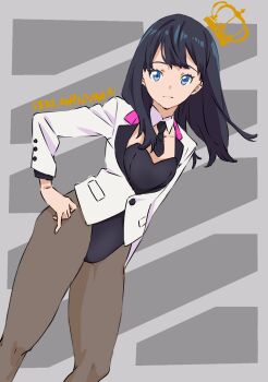 1girl black_hair black_jacket black_leotard black_necktie blue_eyes breasts closed_mouth crown detached_collar english_text engrish_text floating_hat grey_background grey_pantyhose gridman_universe hand_on_own_hip hat highres jacket leotard light_smile long_hair multicolored_jacket necktie official_art pantyhose pink_jacket ranguage saitou_kengo small_breasts smile solo ssss.gridman standing suit_jacket takarada_rikka white_jacket