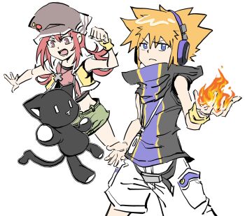 Rule 34 | 1boy, 1girl, belt, blue eyes, brown eyes, eyebrows hidden by hair, fire, frown, green skirt, hat, headphones, jacket, loose belt, midriff, miniskirt, misaki shiki, mp3 player, newsboy cap, nyantan, open mouth, orange hair, pyrokinesis, red hair, red shirt, sakuraba neku, shirt, shorts, skirt, sleeveless, sleeveless jacket, spiked hair, stuffed animal, stuffed cat, stuffed toy, subarashiki kono sekai, sweatband, white shorts, yellow jacket