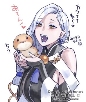 Rule 34 | 1girl, bare shoulders, black shirt, blue lips, blush, braid, breasts, commentary request, detached sleeves, earrings, eyeliner, fangs, fate/grand order, fate (series), hebi nyoubou (fate), hebi nyoubou (first ascension) (fate), jewelry, large breasts, long hair, makeup, nekomata naomi, open mouth, shirt, sleeveless, sleeveless shirt, tassel, tassel earrings, translation request, tsuchinoko (fate), white hair, yellow eyes