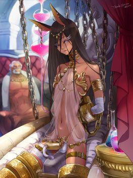 1boy 2boys anubis_(mythology) bandages beard brown_hair bulge chastity_cage collar collarbone dark_skin erection facial_hair grey_hair highres long_hair looking_at_viewer male_focus milking_machine multiple_boys navel nipple_piercing nipples original parted_lips penis piercing potion purple_eyes see-through_clothes tan thigh_strap trap yuriko2755