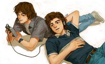 2boys belt brown_hair c-fish cigarette headphones highres holding holding_cigarette jonathan_byers lying lying_on_another lying_on_person male_focus mouth_hold multiple_boys on_back on_stomach shirt short_hair short_sleeves smile steve_harrington stranger_things walkman