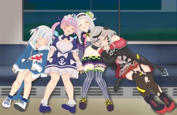 absurdres black_coat blue_dress coat commentary_request dress gawr_gura gawr_gura_(1st_costume) hair_ornament highres hololive hololive_english interlocked_fingers kuronagirai minato_aqua minato_aqua_(1st_costume) murasaki_shion murasaki_shion_(1st_costume) pink_hair sakamata_chloe sakamata_chloe_(1st_costume) sitting sleeping train_interior virtual_youtuber
