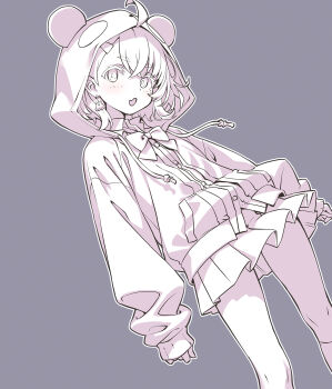 1girl ahoge animal_ears animal_hood blush bow collared_shirt commentary_request drawstring dress_shirt earrings fake_animal_ears fang grey_background greyscale hair_between_eyes hair_ornament hairclip highres hood hood_up hooded_jacket jacket jewelry long_sleeves looking_at_viewer monochrome nijisanji open_mouth panda_ears panda_hood pleated_skirt puffy_long_sleeves puffy_sleeves revision sakuya_tsuitachi sasaki_saku sasaki_saku_(1st_costume) shirt short_eyebrows simple_background skirt sleeves_past_wrists solo thick_eyebrows virtual_youtuber