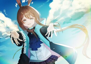 1girl amiya_(arknights) animal_ears ankle_strap arknights ascot black_jacket blue_eyes blue_skirt breasts brown_hair choker clothes_writing commentary hair_between_eyes highres hood hood_down hooded_jacket jacket jewelry long_hair looking_at_viewer miniskirt multiple_rings neck_ring nishimiya_aki open_clothes open_jacket open_mouth plaid_clothes plaid_skirt pleated_skirt rabbit_ears rabbit_girl rhodes_island_uniform ring shoes sidelocks skirt solo sweater thumb_ring upper_body very_long_hair white_sweater