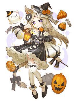 1girl :o absurdres animal_ears black_bow black_choker black_hat black_shoes black_skirt blush bow bow_choker bow_legwear candy cat_ears cat_girl cat_tail choker commentary_request cupcake donut food frilled_skirt frills full_body grey_bow grey_hair halloween hat hat_bow highres holding holding_lantern lantern long_hair long_sleeves off-shoulder_shirt off_shoulder open_mouth original parted_bangs pie pie_slice puffy_long_sleeves puffy_sleeves pumpkin purple_eyes saijo1201 shirt shoes skirt solo standing striped_bow tail tail_bow tail_ornament thighhighs watermark white_background white_shirt white_thighhighs witch_hat wrapped_candy