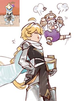 1boy 1girl aether_(genshin_impact) ahoge anger_vein angry annoyed armor blonde_hair braid cho_kooooo closed_eyes floating flying food fruit game_screenshot genshin_impact hair_between_eyes halo happy headpiece helmet holding huge_ahoge official_alternate_costume open_mouth paimon_(genshin_impact) scarf screencap single_braid smile standing steaming_body surprised unworn_headwear unworn_helmet upper_body white_background white_hair white_scarf