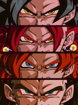 Rule 34 | absurdres, black hair, blue eyes, close-up, cut-in, dragon ball, dragon ball gt, earrings, eye focus, gogeta, green eyes, hair between eyes, highres, hiro (udkod1ezlyi2flo), jewelry, looking at viewer, male focus, monkey boy, multiple boys, persona eyes, potara earrings, red hair, saiyan, smile, smirk, son goku, spiked hair, split crop, super saiyan, super saiyan 4, vegeta, vegetto, yellow eyes