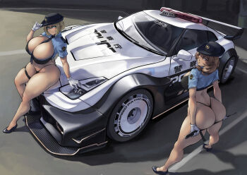 2girls ass back baton_(weapon) bent_over between_breasts bikini black_footwear black_panties blonde_hair blue_eyes blue_shirt breastless_clothes breasts brown_eyes brown_hair butt_crack car cleavage commission curvy female_service_cap g-string gloves haruka_(ati780) hat highleg highleg_panties highres huge_ass huge_breasts large_breasts looking_at_viewer looking_back motor_vehicle multiple_girls necktie necktie_between_breasts nissan nissan_skyline nissan_skyline_gt-r noelle noelle_hansaki_(ati780) original packge panties parking_lot police police_badge police_car police_hat police_siren police_uniform policewoman shirt shoes sideboob sports_car string_panties swimsuit thick_thighs thighs thong thong_bikini underwear weapon white_gloves wide_hips