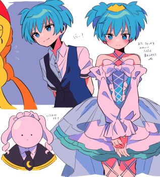 2boys ansatsu_kyoushitsu bare_shoulders blue_eyes blue_hair blue_vest blush closed_mouth collared_shirt crossdressing crossdressing_(mtf) dress halter_dress halterneck highres koro-sensei long_sleeves multiple_boys multiple_views off-shoulder_dress off_shoulder sanamaru_(sana79261827) shiota_nagisa shirt short_hair short_sleeves simple_background translation_request trap two_side_up vest white_background white_dress white_shirt