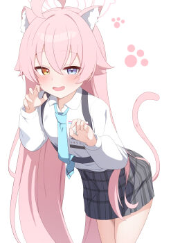 1girl absurdres ahoge animal_ears blue_archive blue_eyes blue_necktie cat_ears cat_tail collared_shirt fang halo heterochromia highres hoshino_(blue_archive) kemonomimi_mode long_hair long_sleeves natukuzira necktie pink_hair plaid_clothes plaid_skirt shirt simple_background skirt solo tail white_background white_shirt