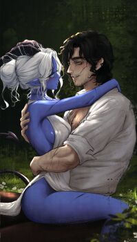 Rule 34 | 1boy, 1girl, absurdres, artist name, black hair, black horns, blue eyes, blue skin, blush, breasts, colored skin, commentary, demon girl, demon horns, demon tail, dress, english commentary, eyelashes, facial hair, facial scar, flower, grey eyes, highres, horns, mole, mole on shoulder, original, pointy ears, sainty, scar, scar on cheek, scar on face, shirt, sitting, sitting on lap, sitting on person, stubble, tail, white dress, white flower, white hair, white shirt