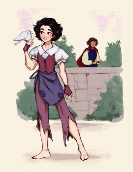 2boys bird bird_on_hand black_hair blush brick_wall brown_hair bush cape closed_mouth commentary english_commentary fingerless_gloves genderswap genderswap_(ftm) gloves highres multiple_boys pants pink_pants pink_shirt puffy_short_sleeves puffy_sleeves red_cape ripushko shirt short_sleeves smile snow_white_(disney) snow_white_and_the_seven_dwarfs_(disney) the_prince_(disney) torn_clothes torn_pants white_shirt